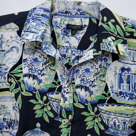 Talbots Watercolor Vases Classic Cotton Office Career Holiday Shirt Size MP - Picture 4 of 13